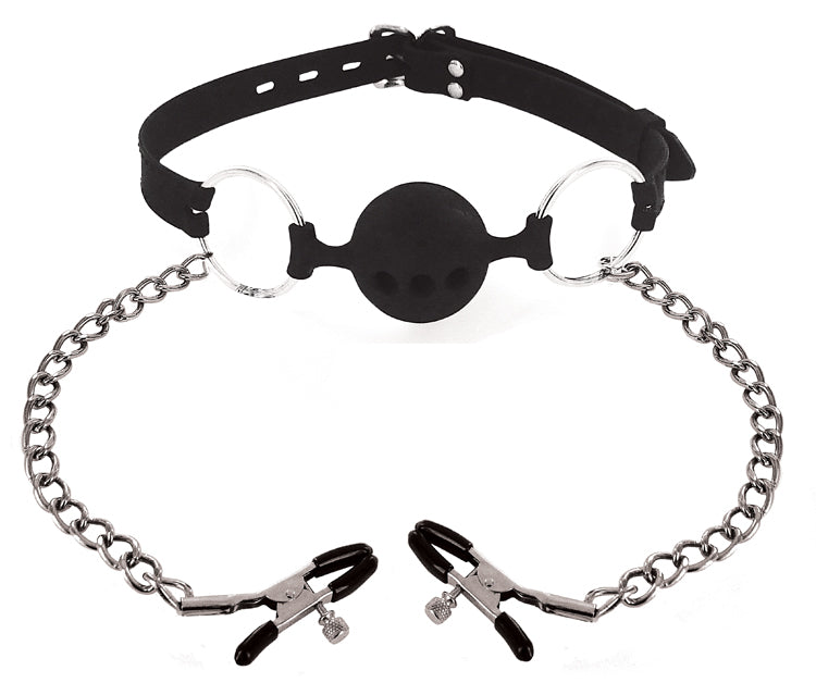 Master Series Ball Gag Silicone with Nipples Clamps