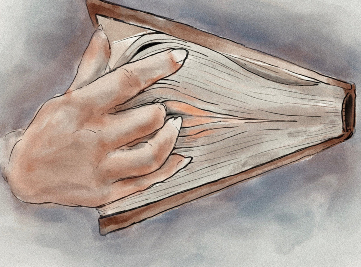 Watercolor illustration of a hand turning the pages of an open book, rendered in soft peach, beige, brown, and gray tones.